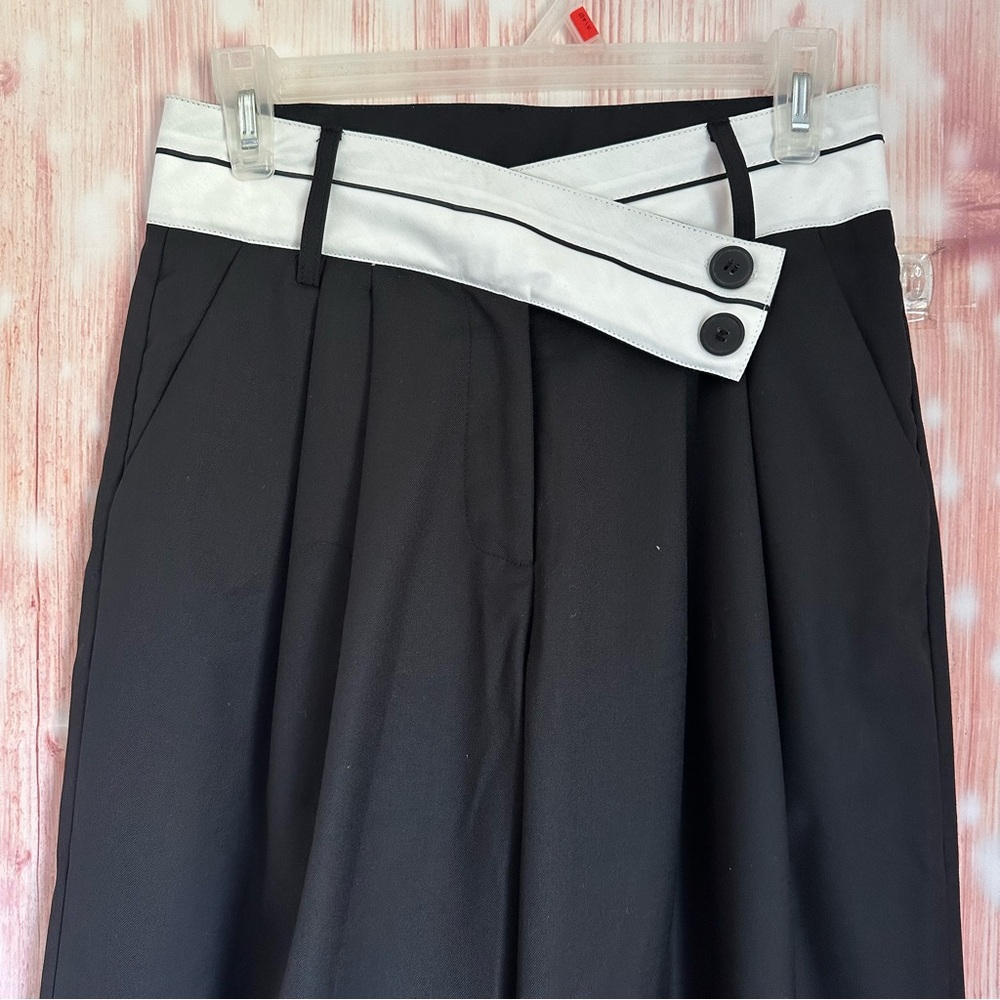 Commense Black Asymmetrical White Contrast Waistband Wide Leg Dress Pants - Picture 6 of 11